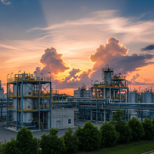 Chemical processing plant with distillation towers and pipework at sunset