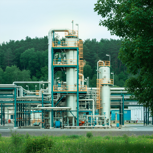 Chemical processing plant with distillation towers and pipework surrounded by forest